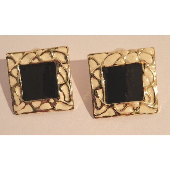 Vintage Don-Lin Earrings Clip On Gold With Ivory And Black Enamel - Picture 1 of 3